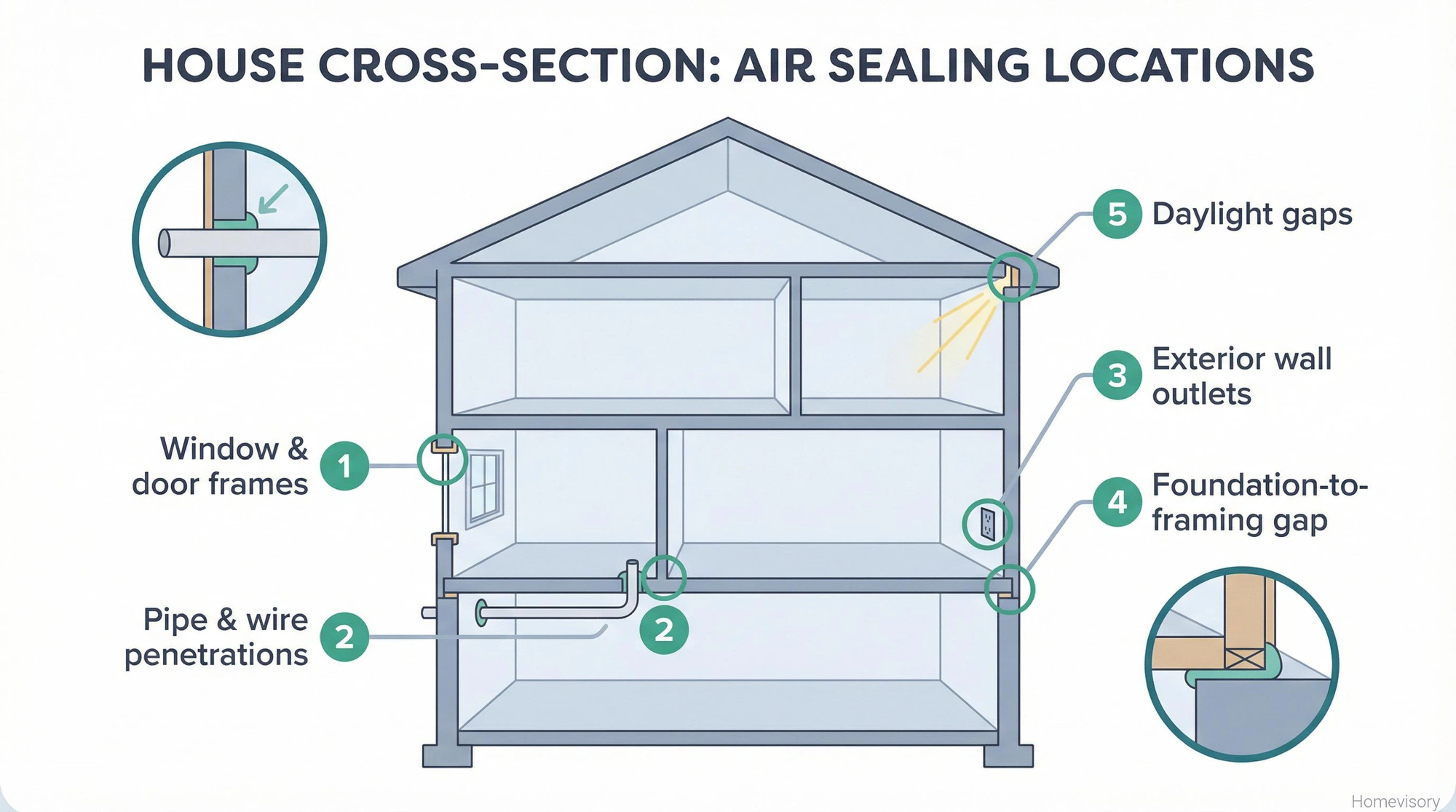 Cross-section diagram of a house showing five key air sealing locations: window frames, pipe penetrations, exterior outlets, foundation junction, and daylight gaps