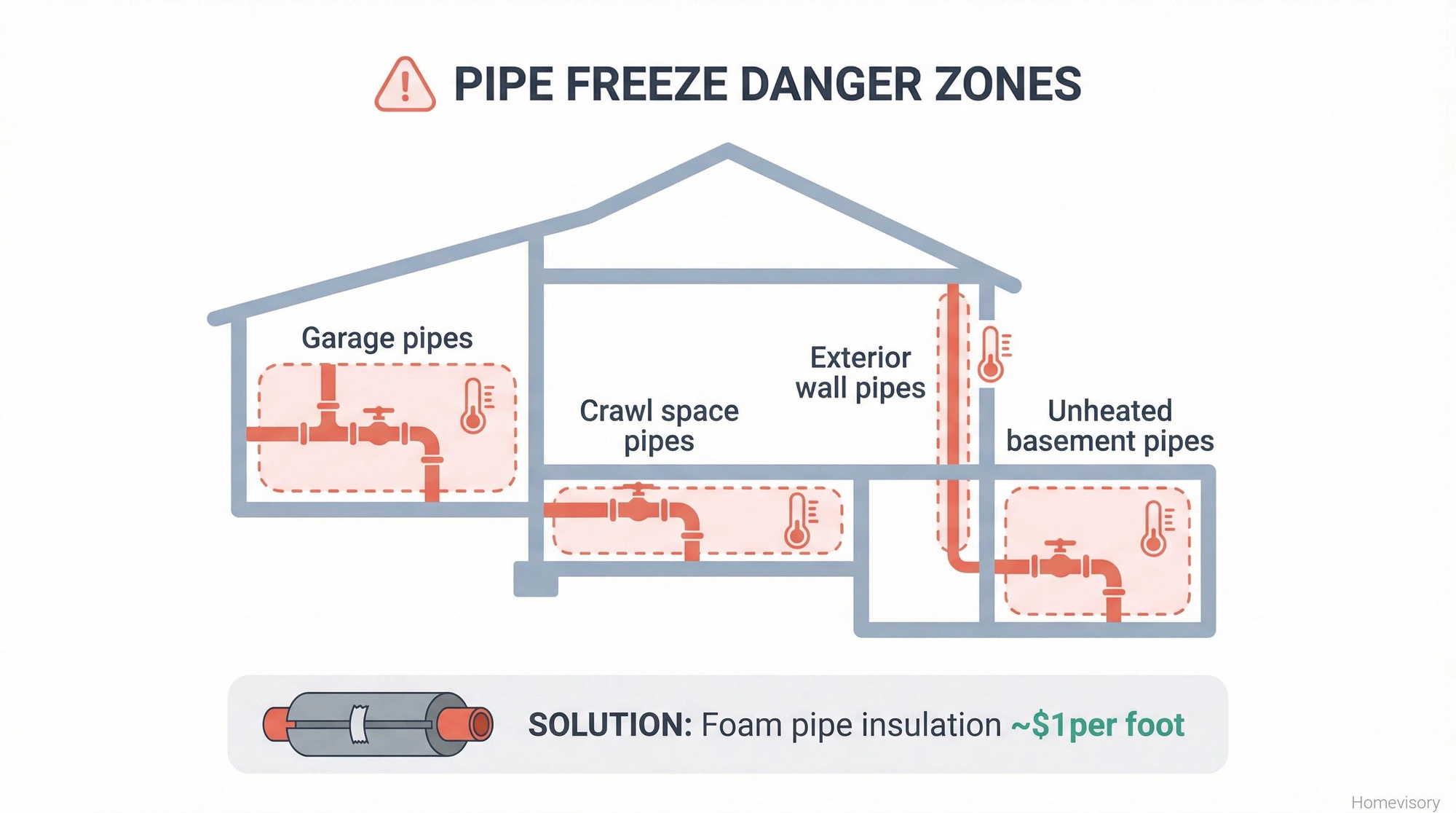 House diagram highlighting four danger zones for frozen pipes: garage, crawl space, exterior walls, and unheated basement, with foam insulation solution shown