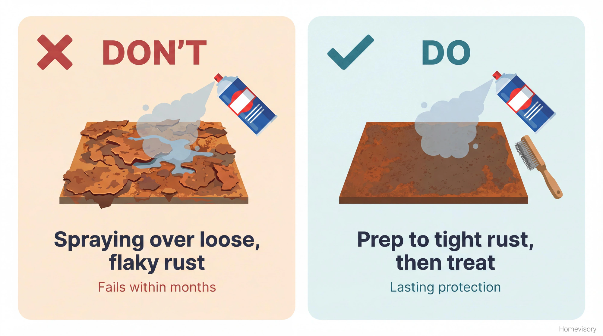 Comparison showing incorrect method of spraying over loose flaky rust versus correct method of prepping surface to tight rust before treatment
