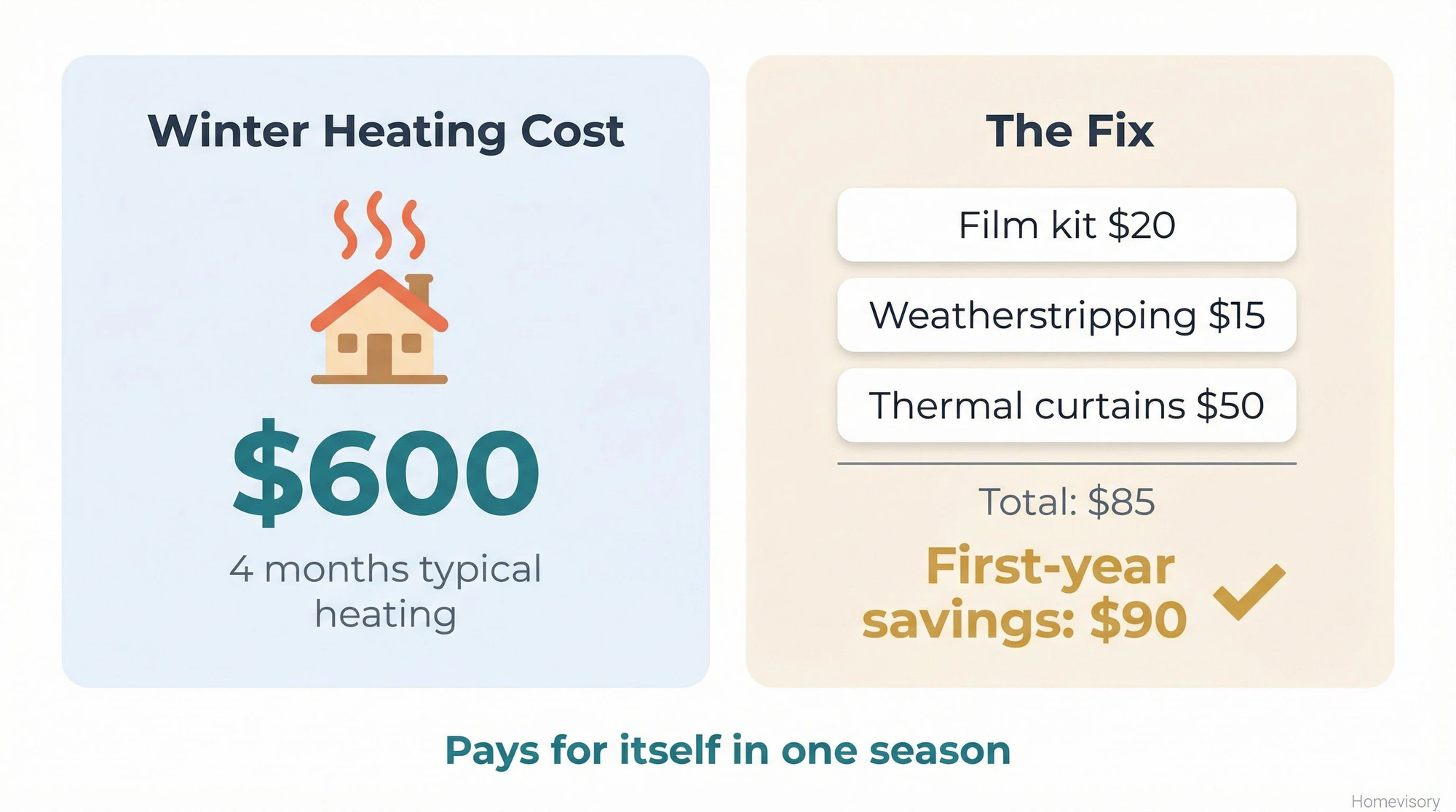 Cost comparison showing $85 in window insulation materials versus $90 first-year savings, demonstrating the investment pays for itself in one season
