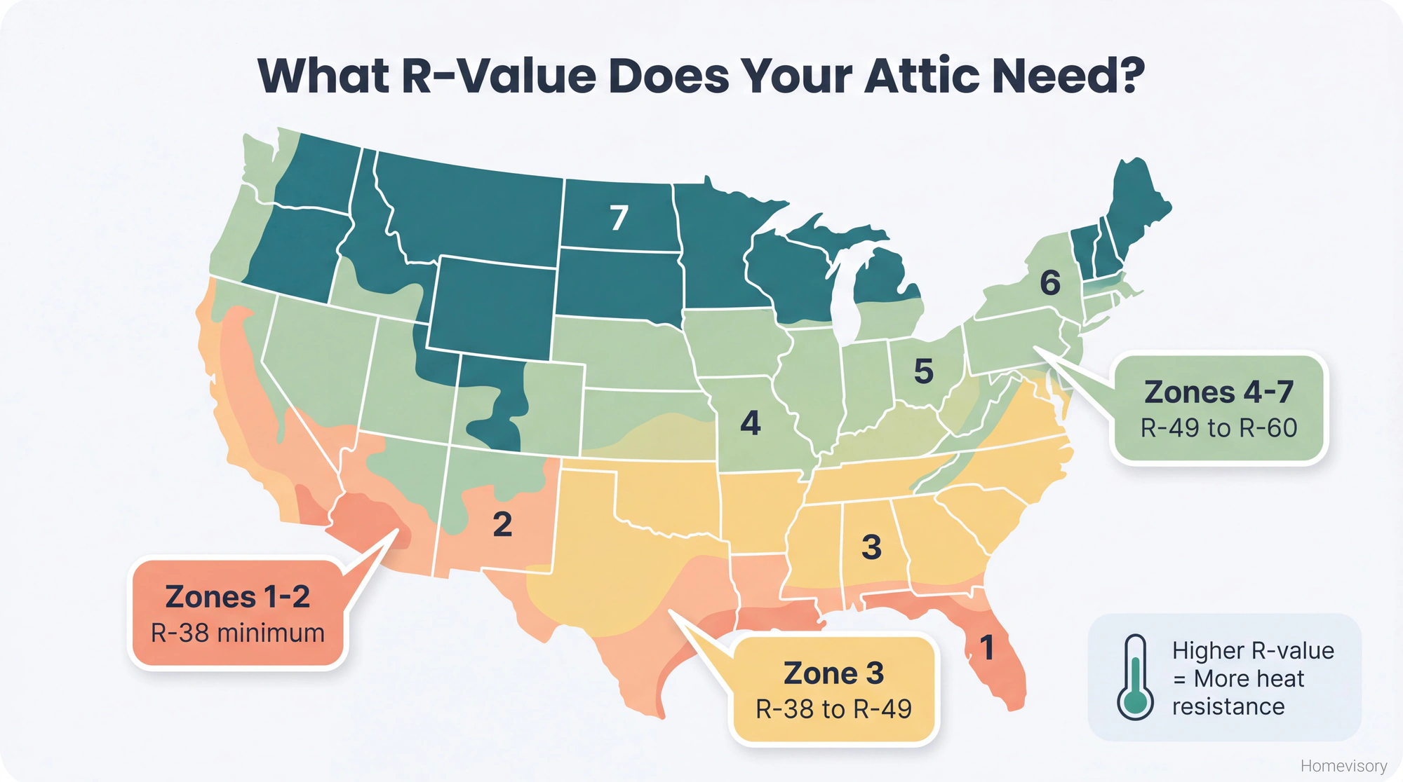 Map of the United States showing DOE climate zones 1-7 with recommended attic R-values: Zones 1-2 need R-38, Zone 3 needs R-38 to R-49, Zones 4-7 need R-49 to R-60