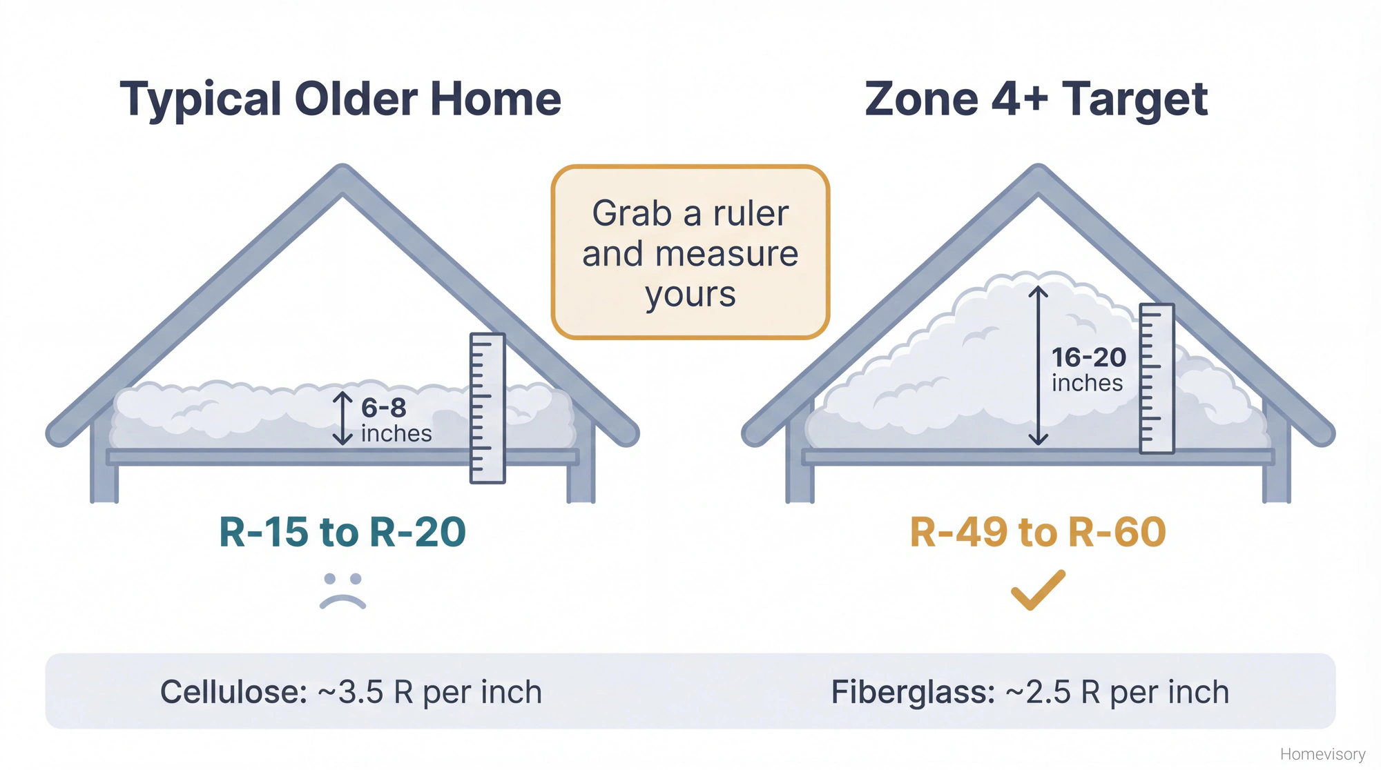 Cross-section comparison showing typical older home with 6-8 inches of insulation rated R-15 to R-20 versus the recommended 16-20 inches rated R-49 to R-60 for climate zone 4 and above