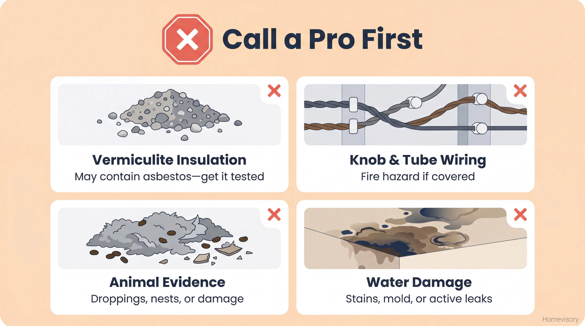 Warning graphic showing four conditions that require a professional: vermiculite insulation that may contain asbestos, knob and tube wiring that's a fire hazard, animal evidence like droppings, and water damage or mold