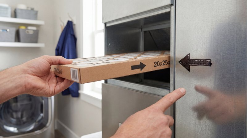 Close-up of airflow direction arrow printed on HVAC filter frame showing proper installation orientation toward furnace blower