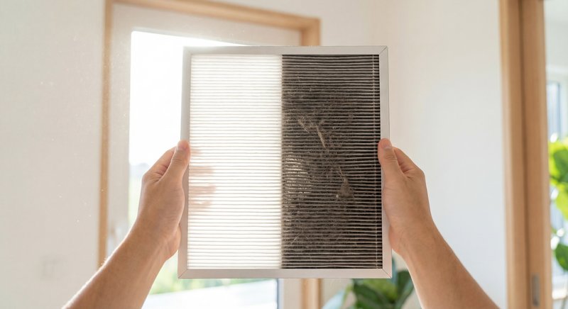 Homeowner holding HVAC air filter up to bright window light to check for dust clogs and airflow blockage using the light test method