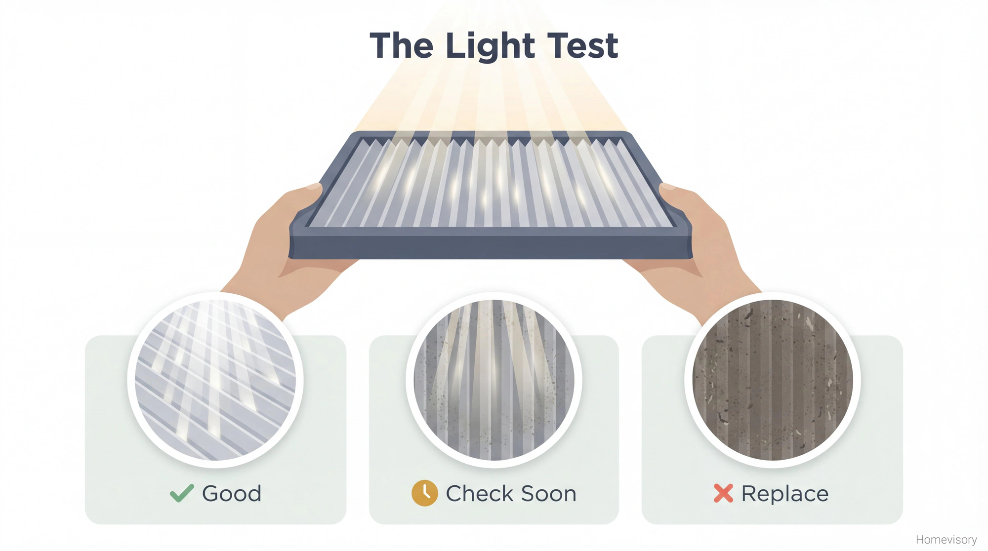 Illustration showing how to hold an air filter up to light to check condition, with three example states from good to needs replacement