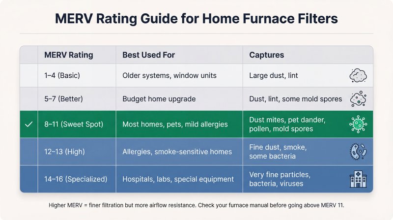 MERV rating chart showing filtration efficiency levels from MERV 1 through 16 with particle sizes captured and recommended applications for home use