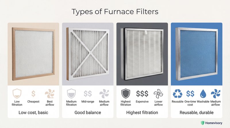 Comparison of three common HVAC filter types showing fiberglass, 1-inch pleated, and 4-inch media filters with different thicknesses and filtration capabilities