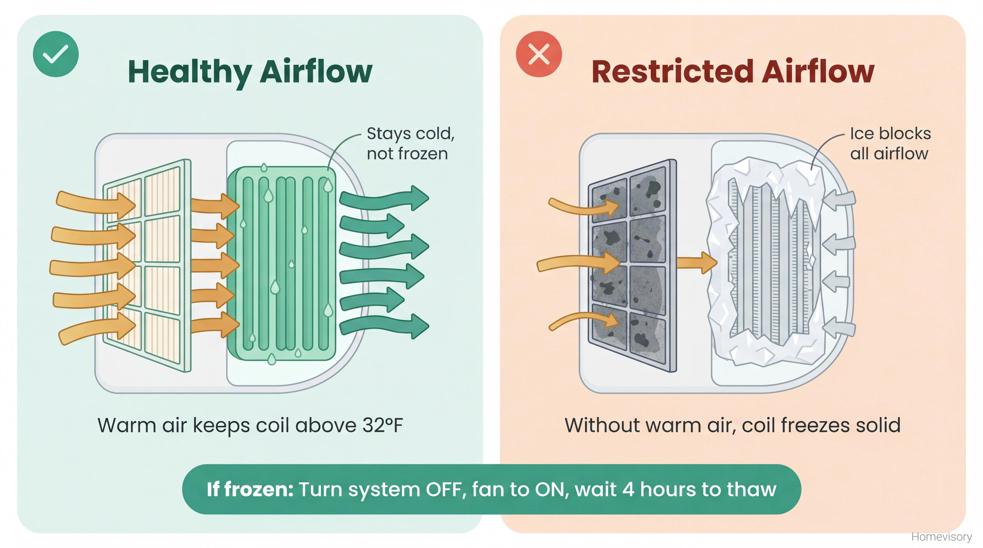 Comparison illustration showing healthy AC evaporator coil airflow with clean filter versus restricted airflow from clogged filter causing ice buildup on coils