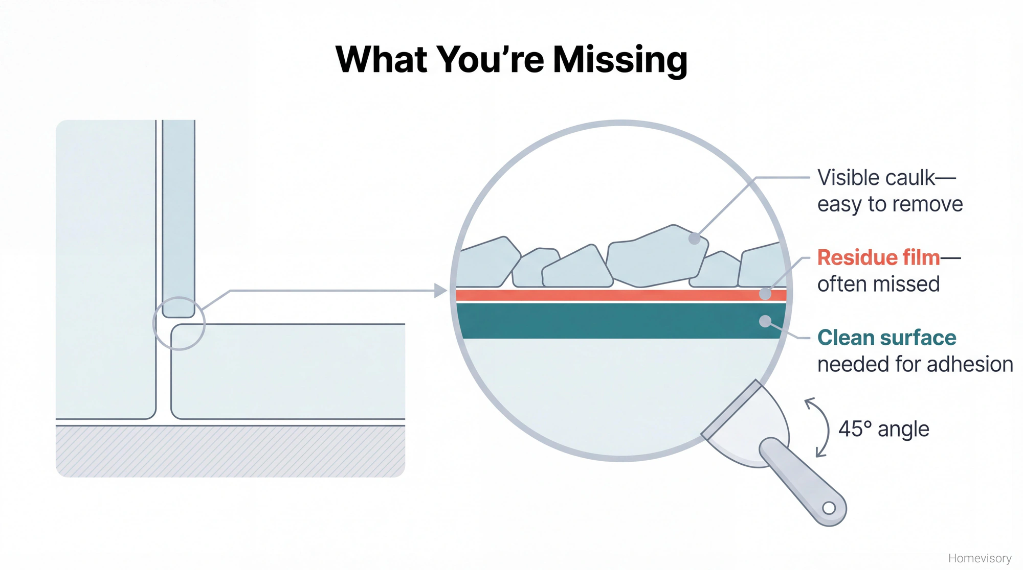 Cross-section diagram of bathtub-tile gap showing three layers: visible caulk chunks, invisible residue film that prevents adhesion, and the clean surface underneath