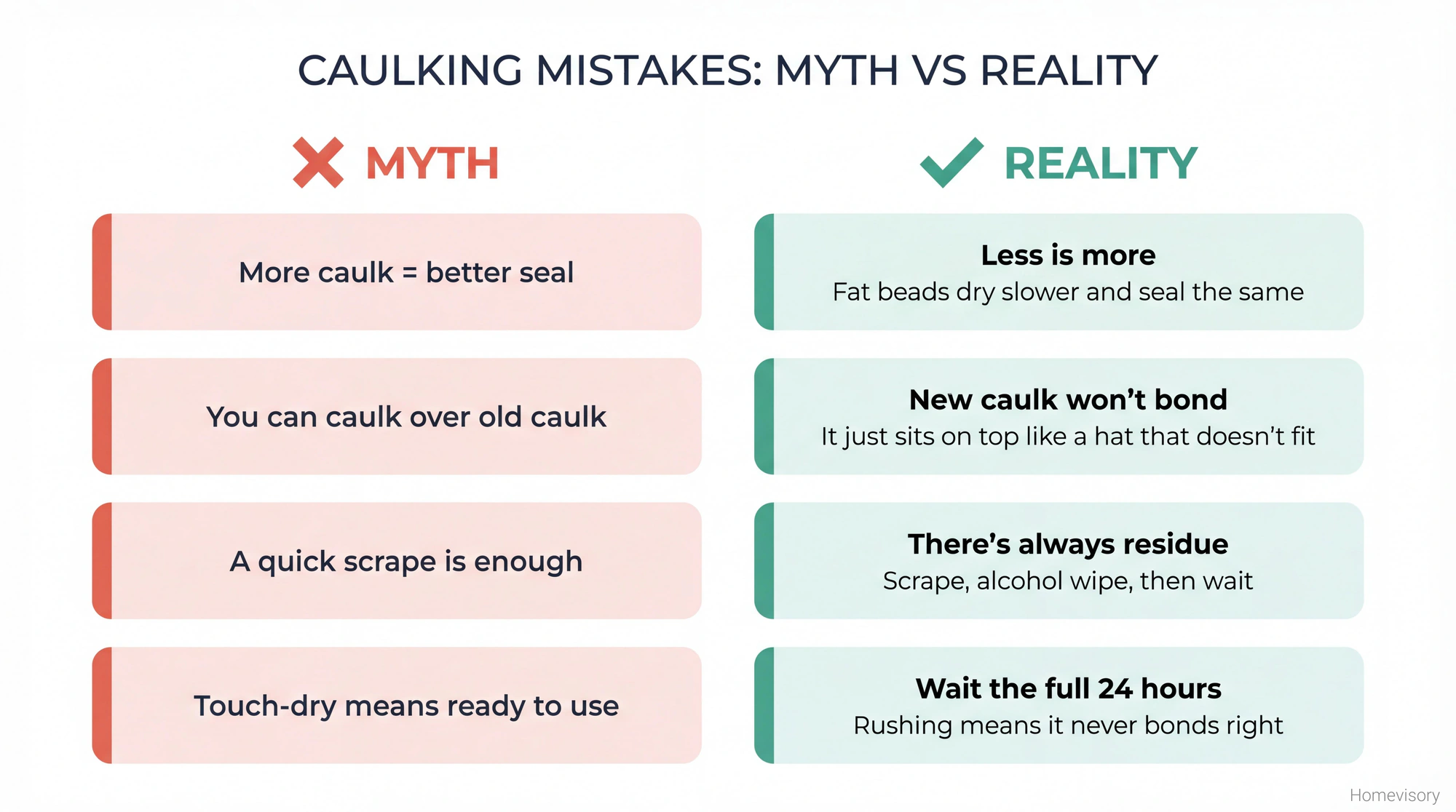 Myth versus reality comparison showing four common caulking misconceptions: more caulk isn't better, you can't caulk over old caulk, quick scraping isn't enough, and touch-dry doesn't mean ready to use