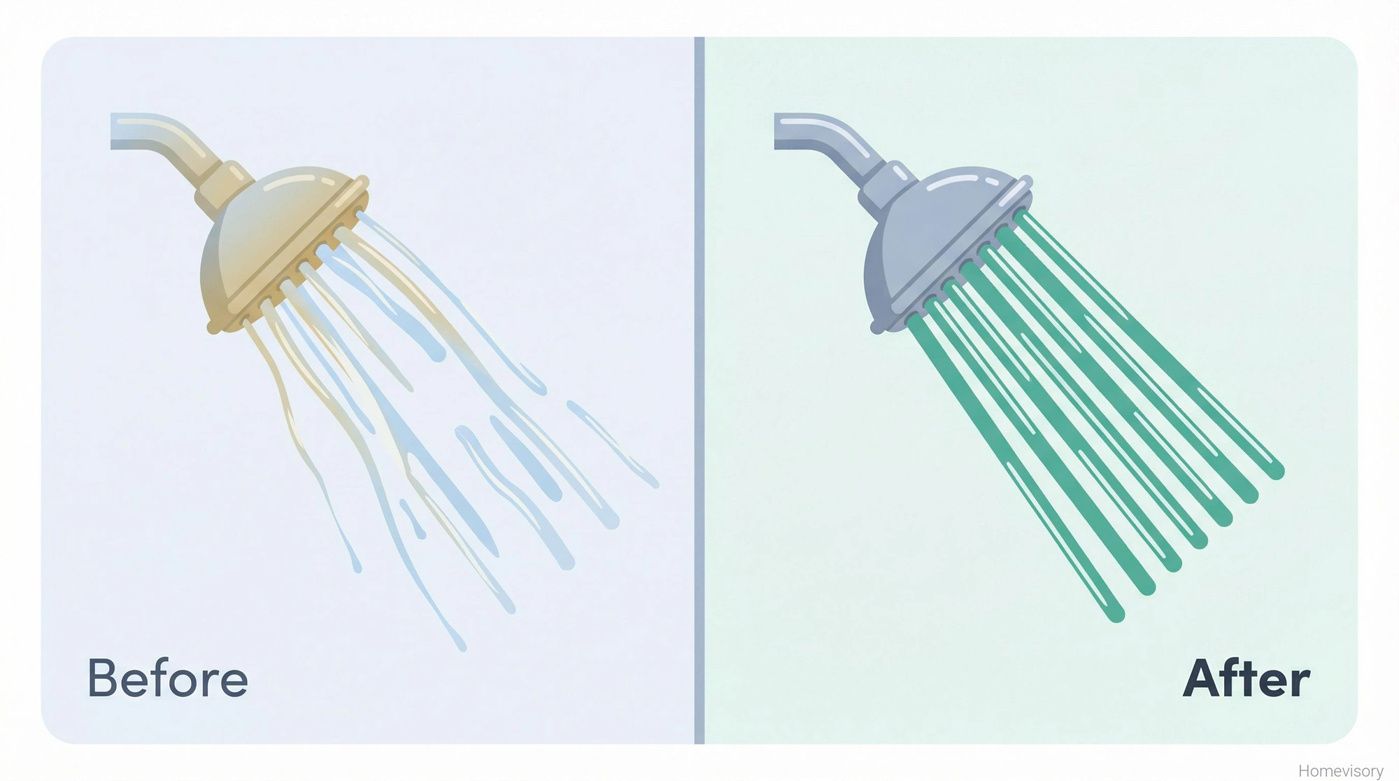 Before and after comparison showing uneven weak water spray from a clogged shower head versus full even spray after vinegar cleaning