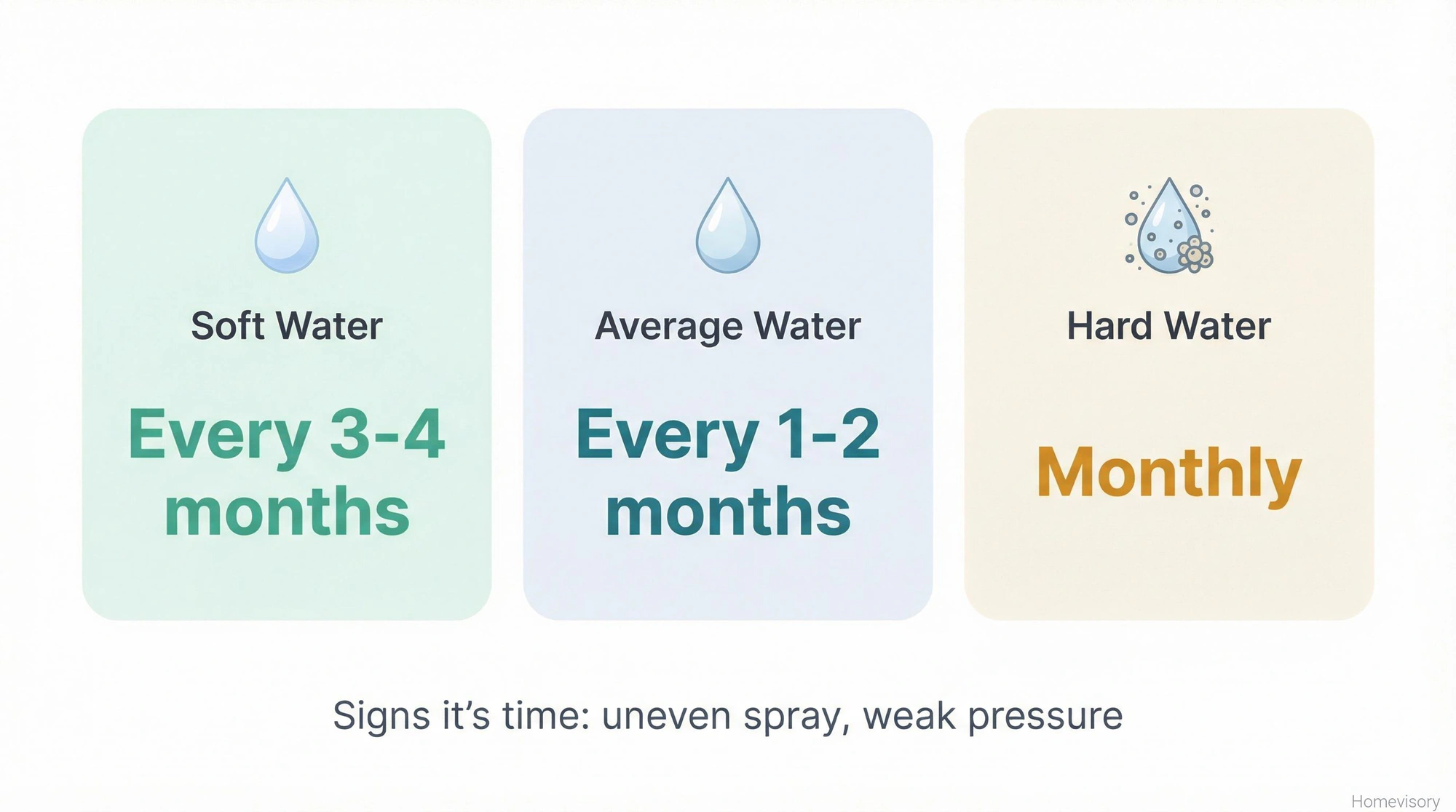 Cleaning frequency guide showing soft water areas need cleaning every 3-4 months, average water every 1-2 months, and hard water areas monthly