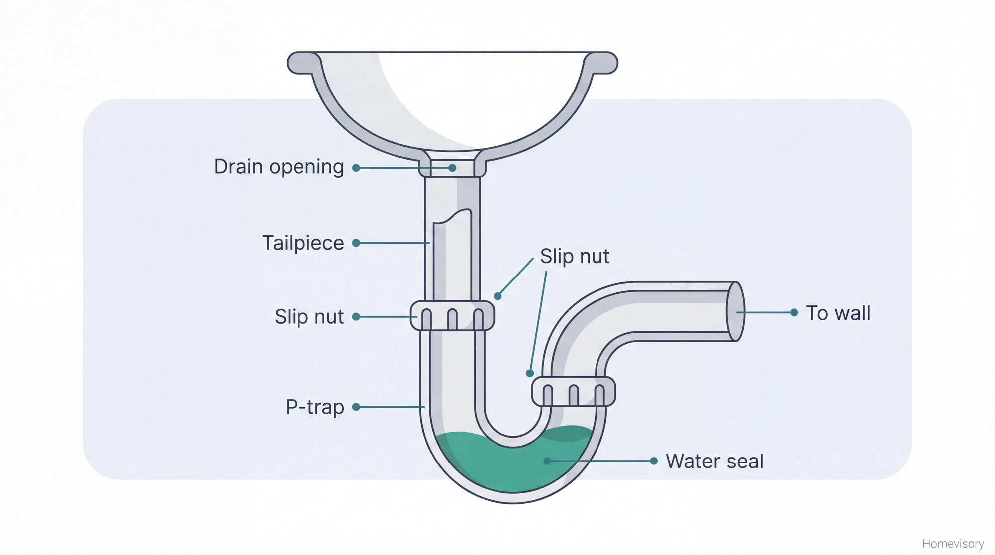 Cross-section diagram of sink drain showing tailpiece, P-trap curve with water seal, slip nuts, and connection to wall pipe