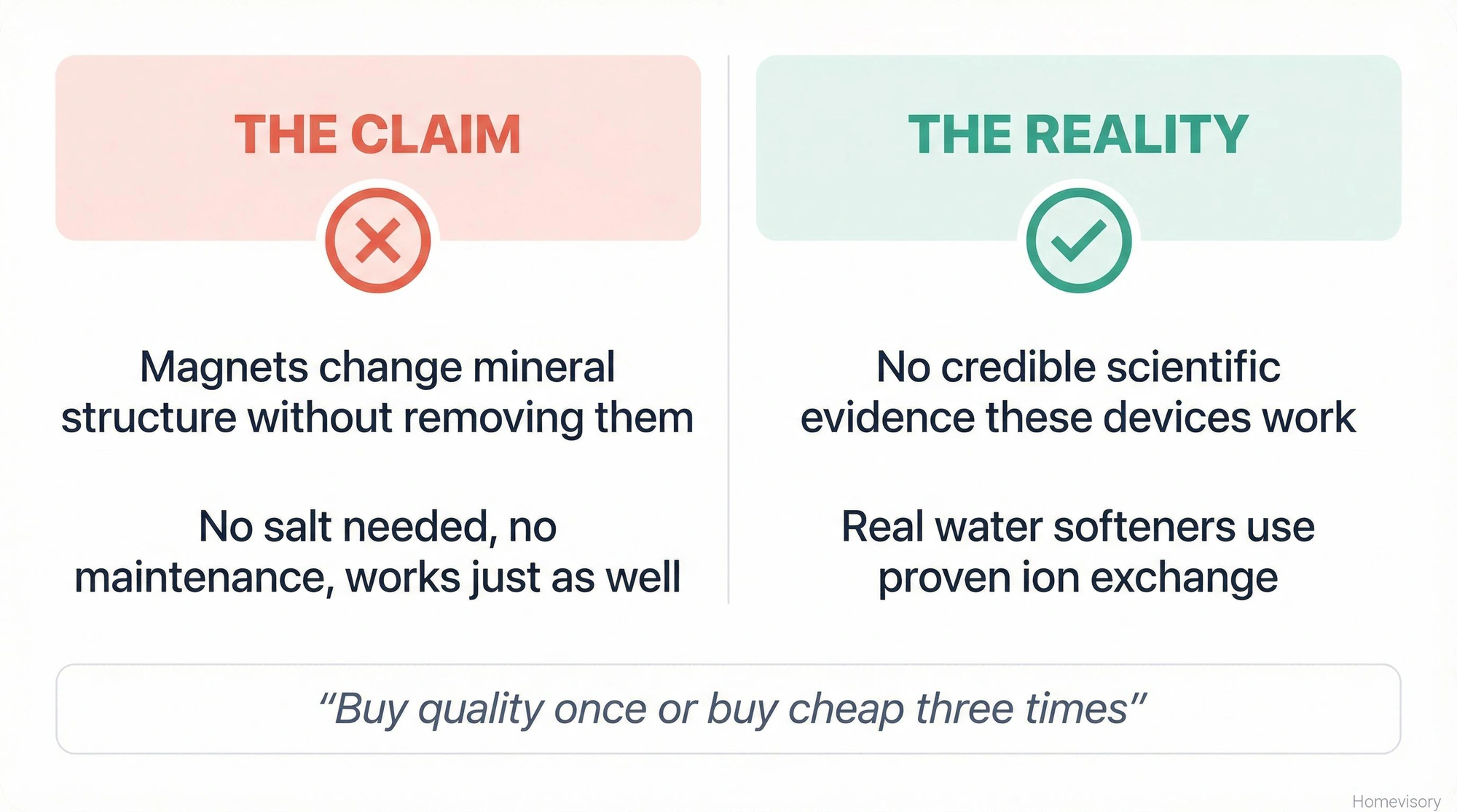 Comparison showing magnetic water conditioner claims versus reality: claims say magnets change mineral structure with no maintenance, reality shows no scientific evidence and that real softeners use ion exchange