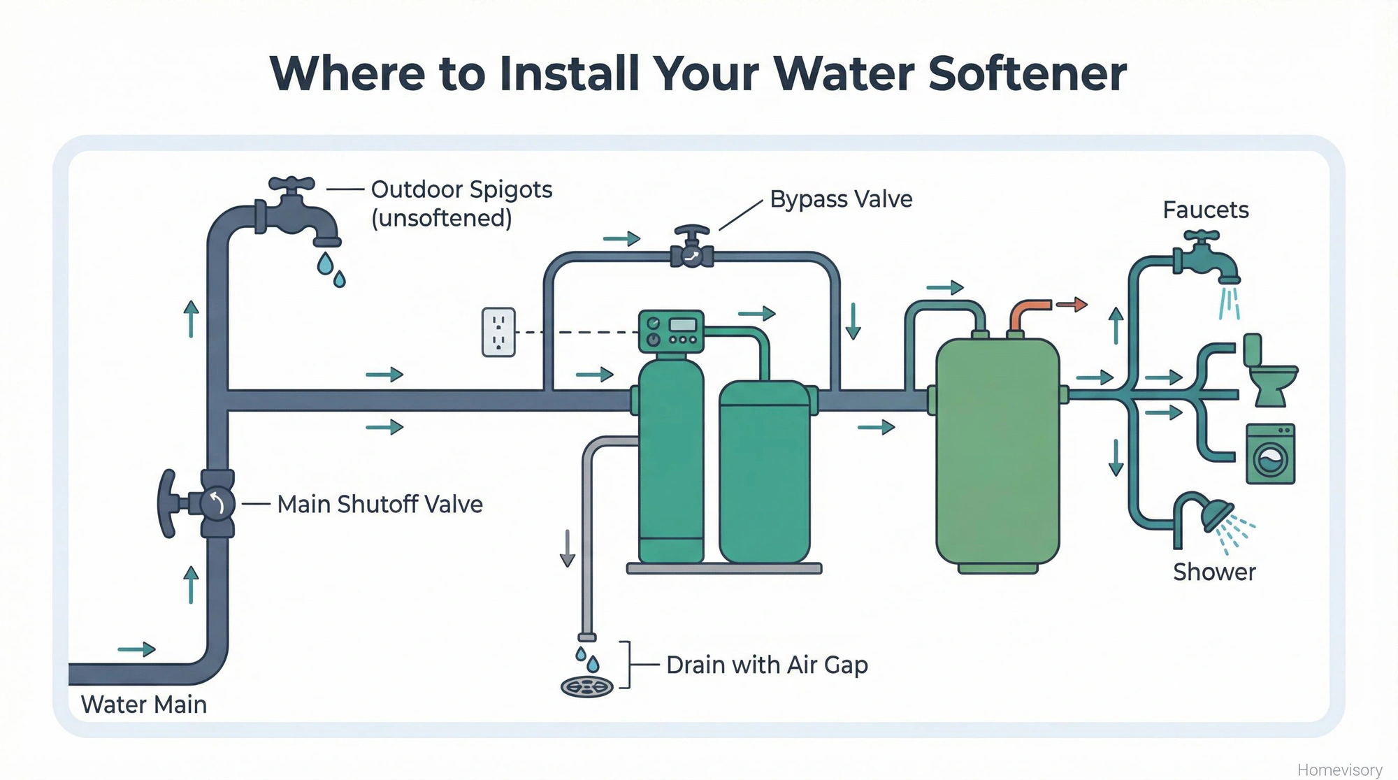 Home plumbing diagram showing water softener placement after main shutoff, before water heater, with drain connection and bypass valve labeled