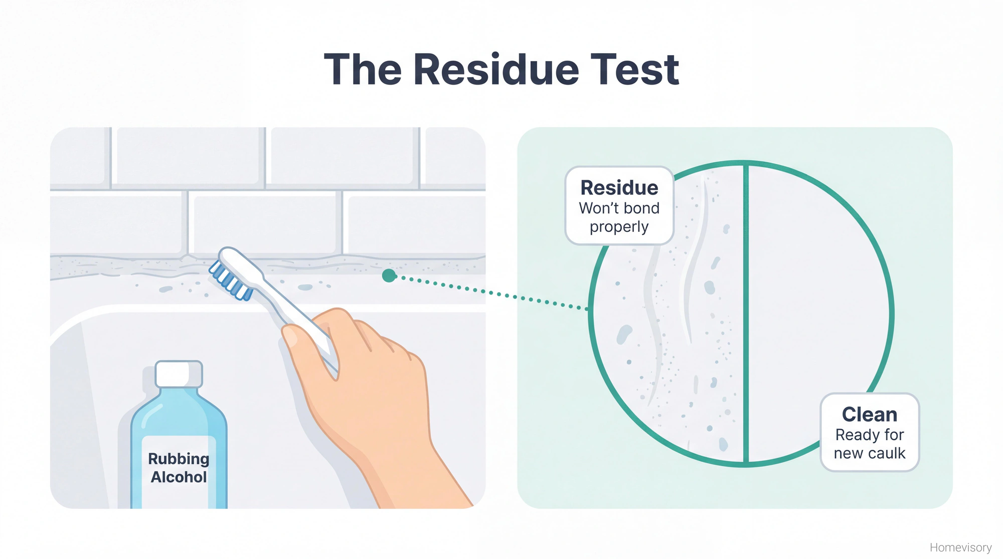 Illustration showing toothbrush cleaning caulk residue with magnified detail comparing residue surface versus clean surface