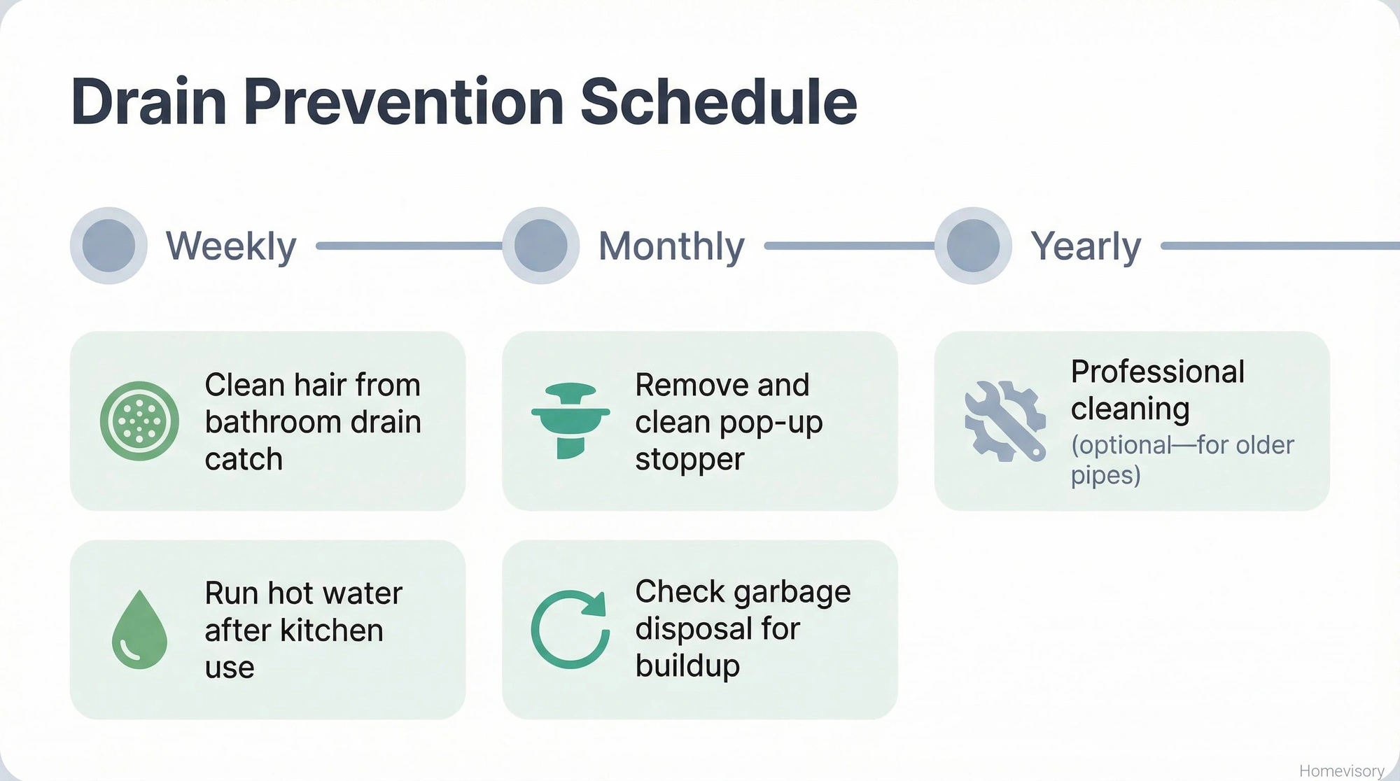 Drain maintenance schedule showing weekly tasks like cleaning hair catches, monthly tasks like cleaning stoppers, and optional yearly professional cleaning