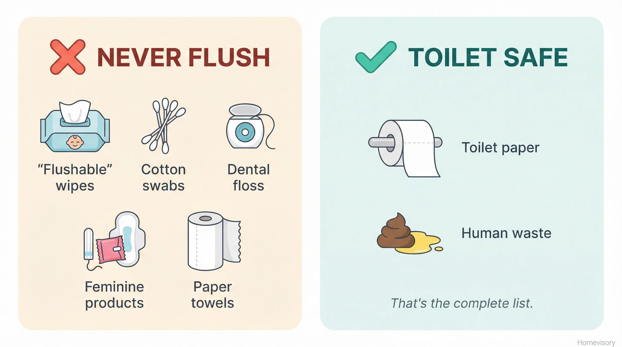 Two-panel comparison showing items that should never be flushed (wipes, cotton swabs, dental floss, feminine products, paper towels) versus the only two things safe for toilets (toilet paper and human waste)