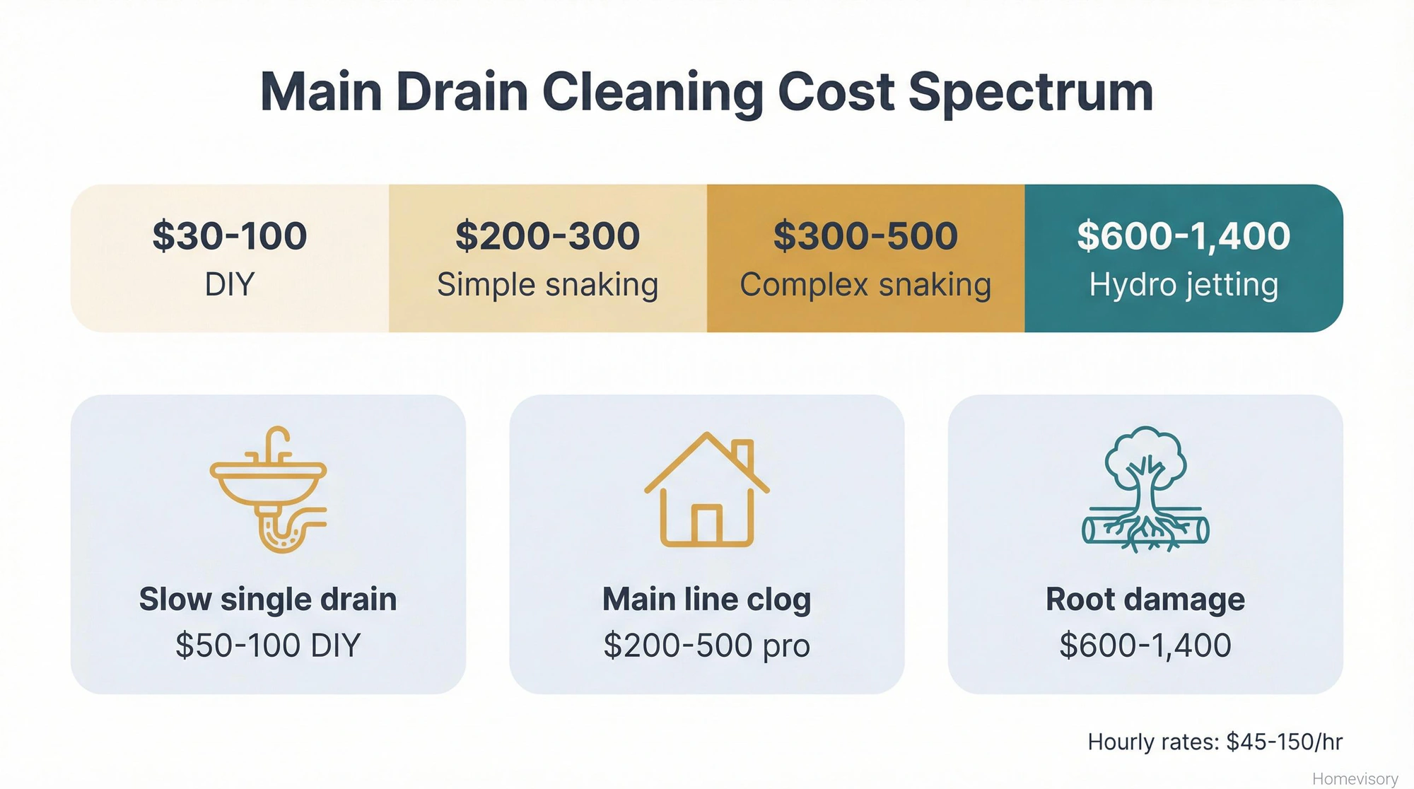 Cost spectrum showing drain cleaning prices from $30 DIY to $1,400 professional hydro jetting, with three common scenarios mapped to their typical cost ranges