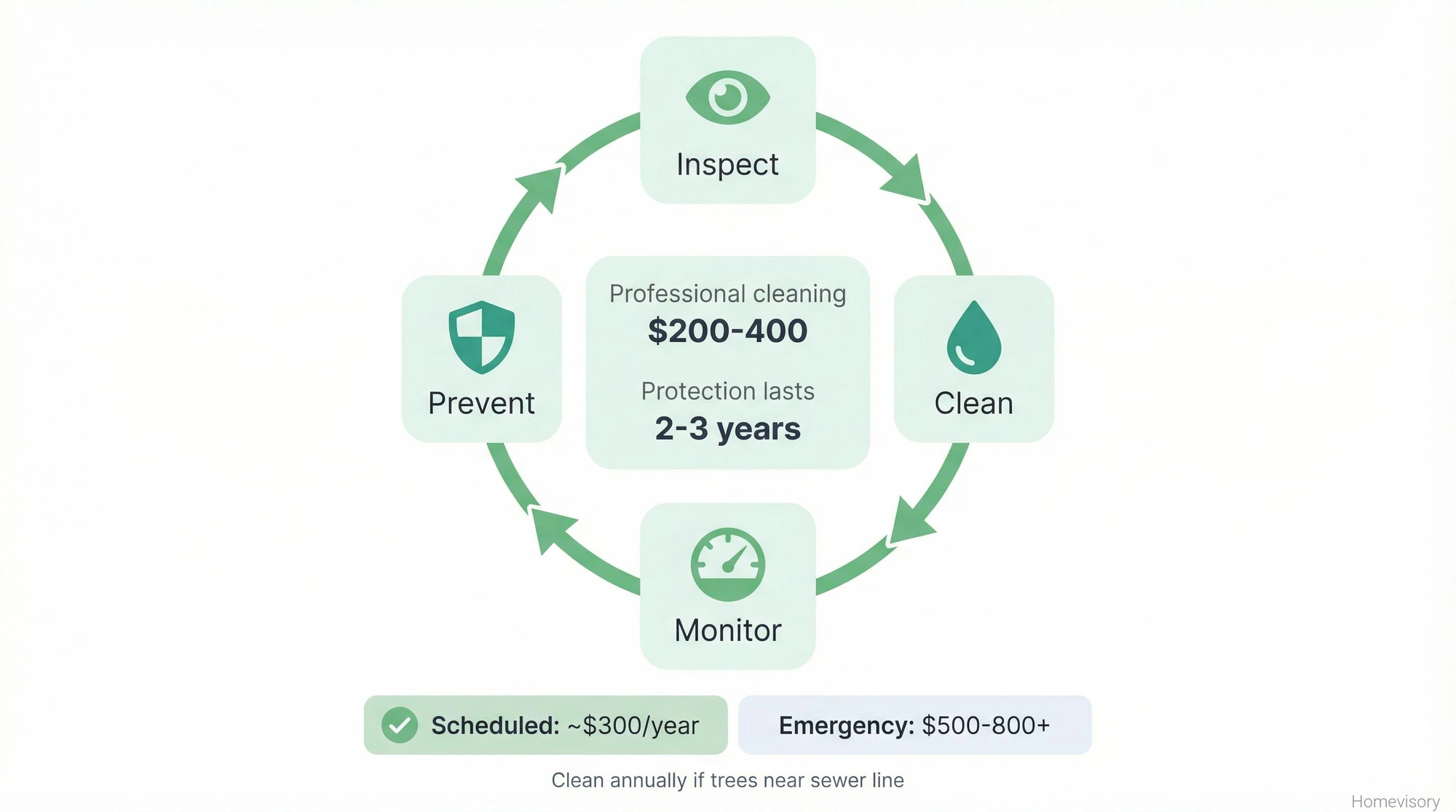 Circular diagram showing the ongoing drain maintenance cycle of inspect, clean, monitor, and prevent, with costs for scheduled maintenance versus emergency repairs
