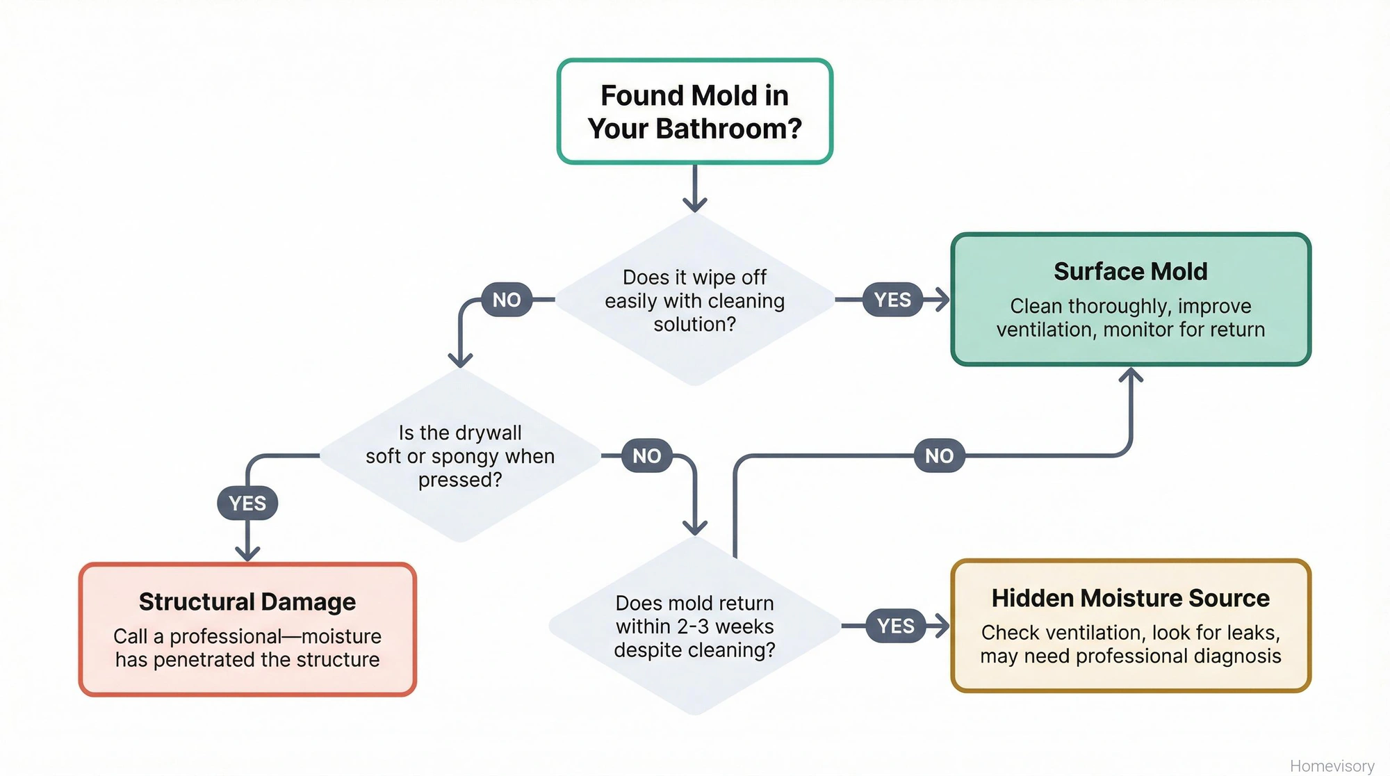Diagnostic flowchart helping readers determine if bathroom mold is surface-level, indicating structural damage, or caused by a hidden moisture source, with guidance for each outcome