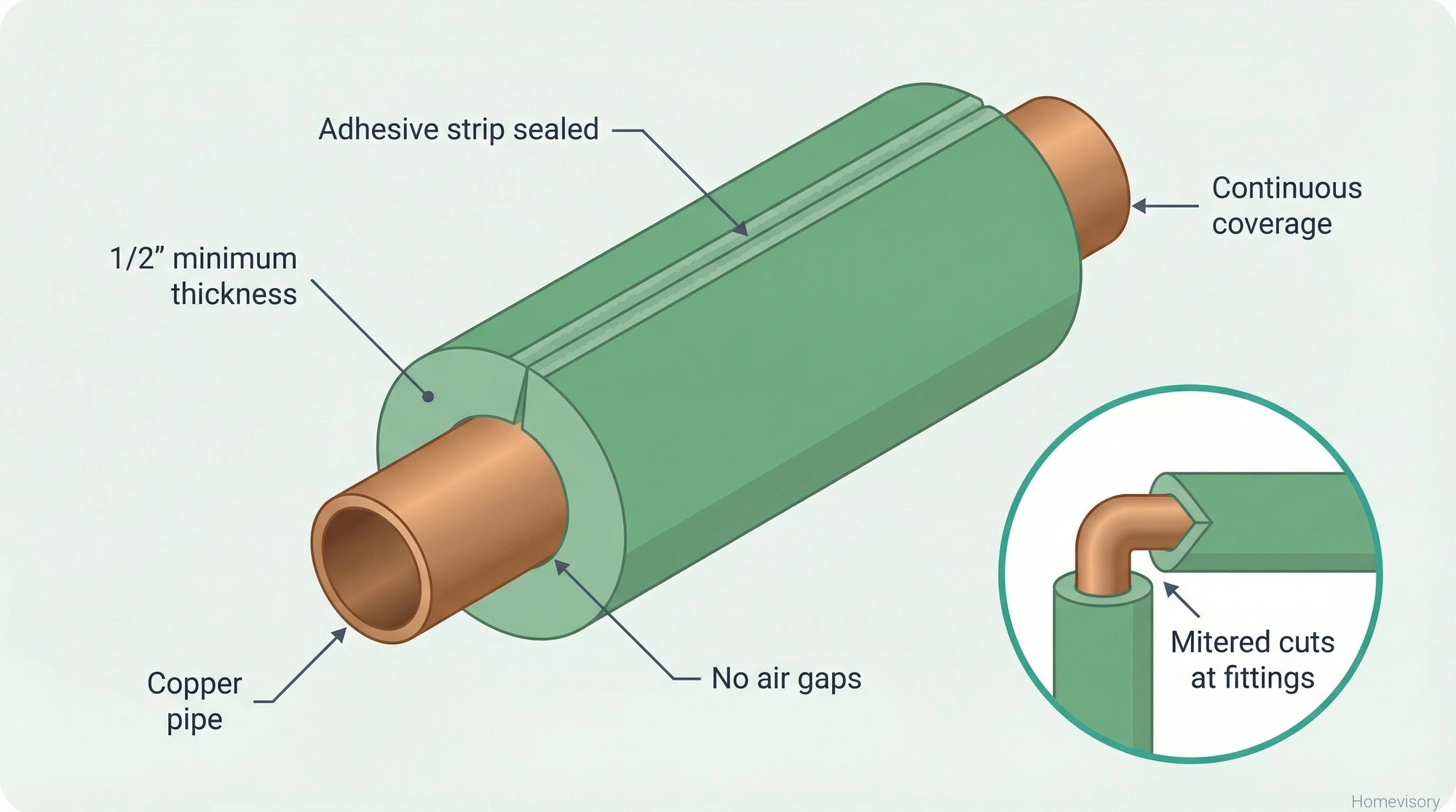 Cross-section diagram of properly installed foam pipe insulation showing sealed seams, minimum thickness, and mitered cuts at fittings