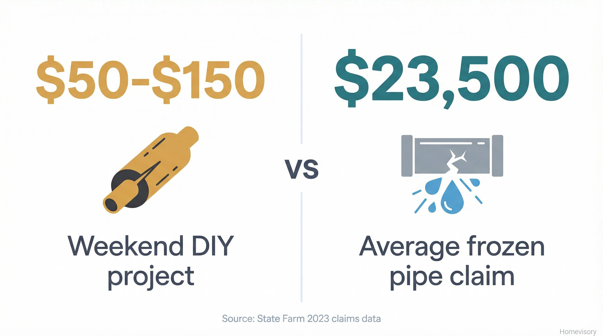 Cost comparison showing $50-$150 for DIY pipe insulation versus $23,500 average frozen pipe insurance claim