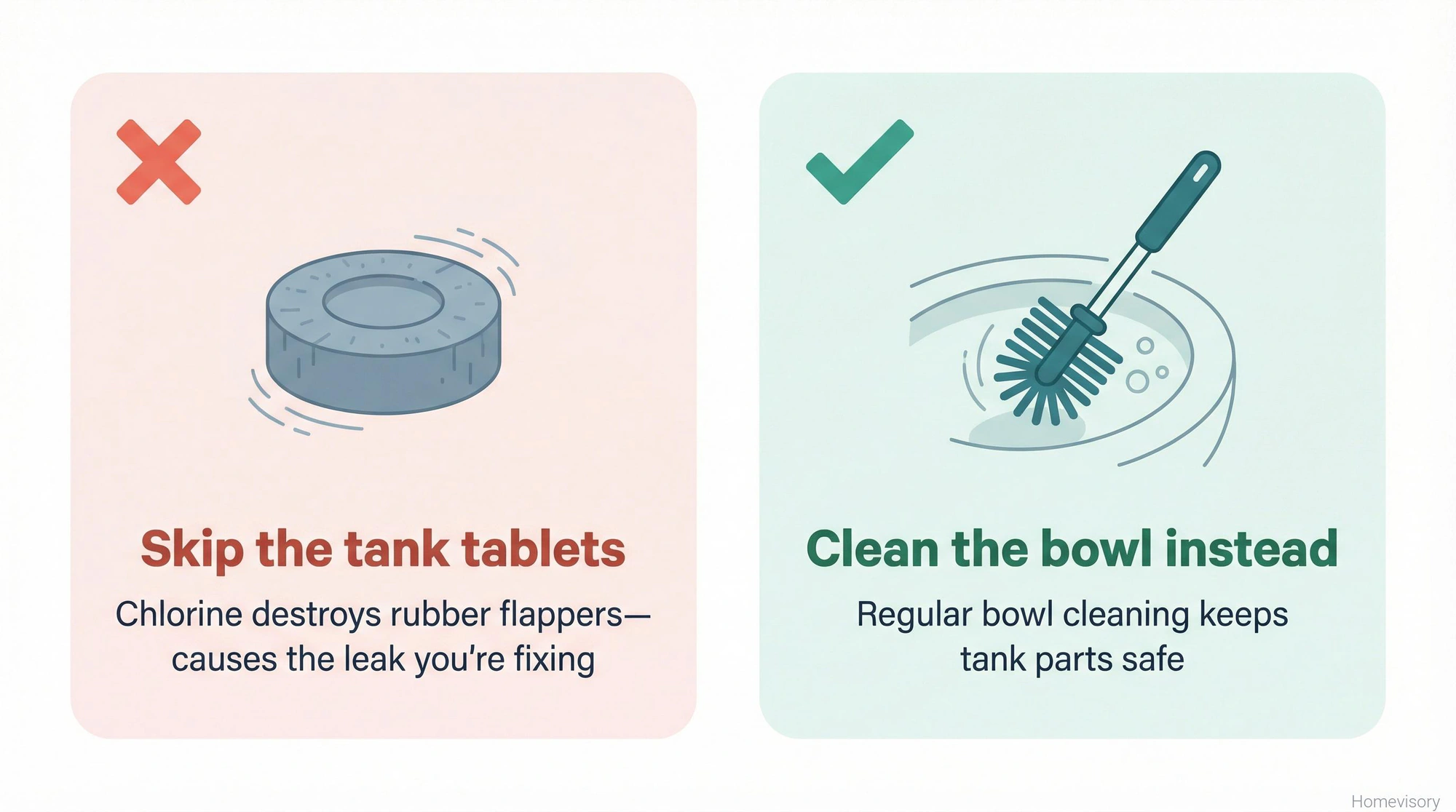 Comparison showing tank cleaning tablets to avoid because they destroy flappers, versus bowl brush cleaning as the safer alternative