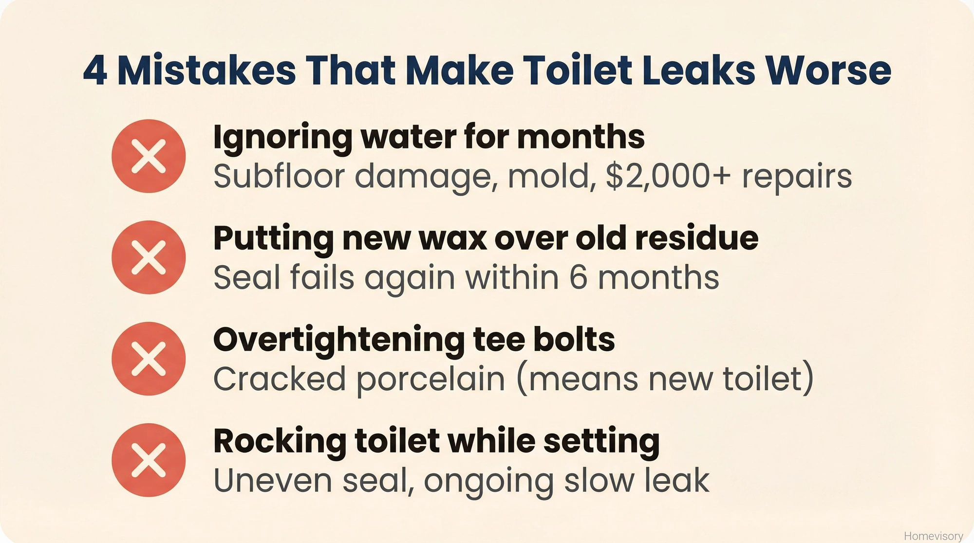 List of four common mistakes when fixing toilet base leaks: ignoring water, reusing old wax, overtightening bolts, and rocking the toilet