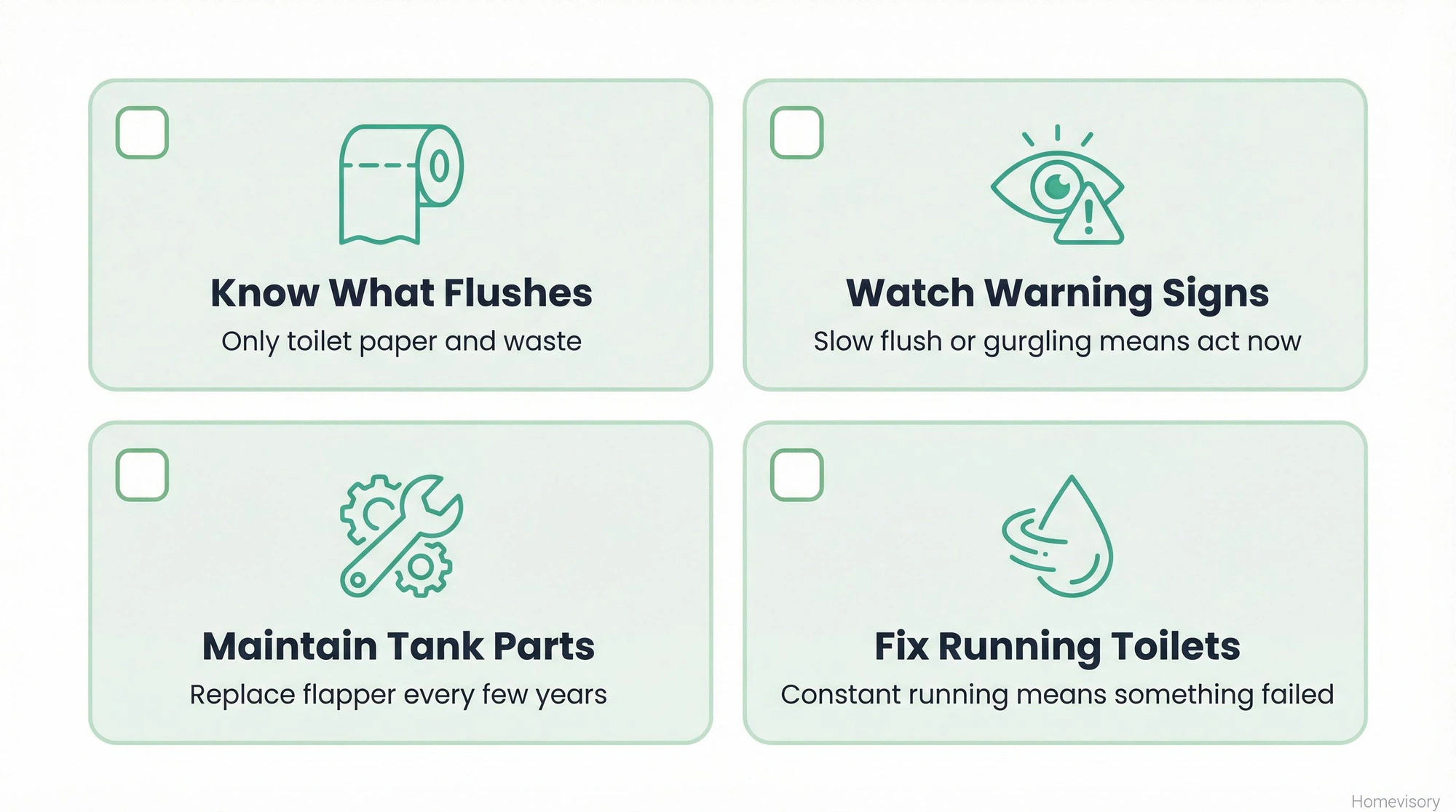 Four prevention checklist cards: know what flushes, watch warning signs, maintain tank parts, fix running toilets