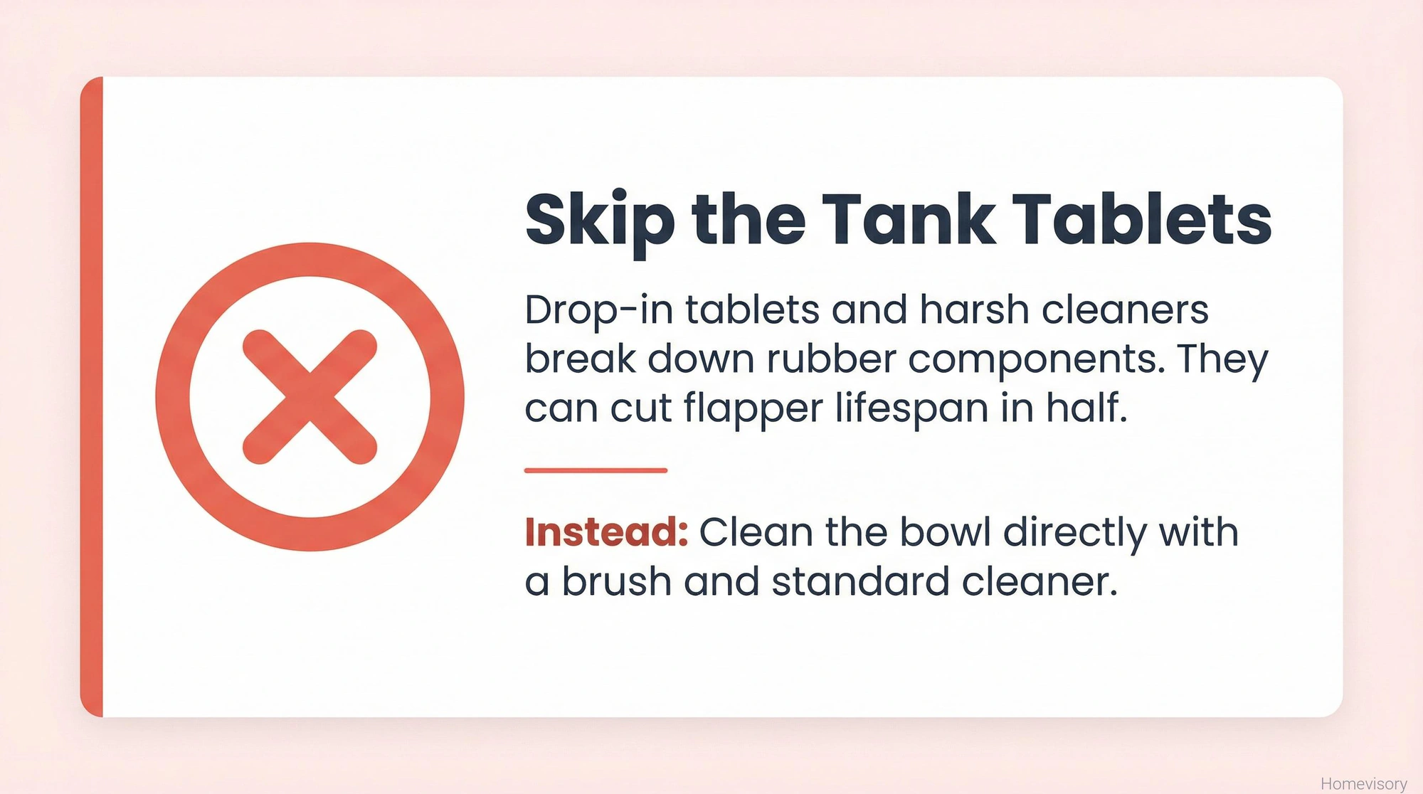 Warning banner advising against using drop-in tank tablets, explaining they damage rubber flapper components and suggesting direct bowl cleaning instead