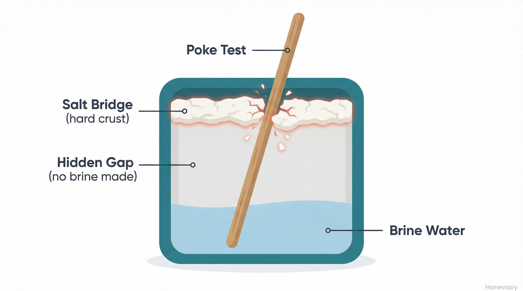 Cross-section diagram of a water softener brine tank showing a salt bridge at top, hidden empty gap in middle, and brine water at bottom, with a broom handle demonstrating the poke test