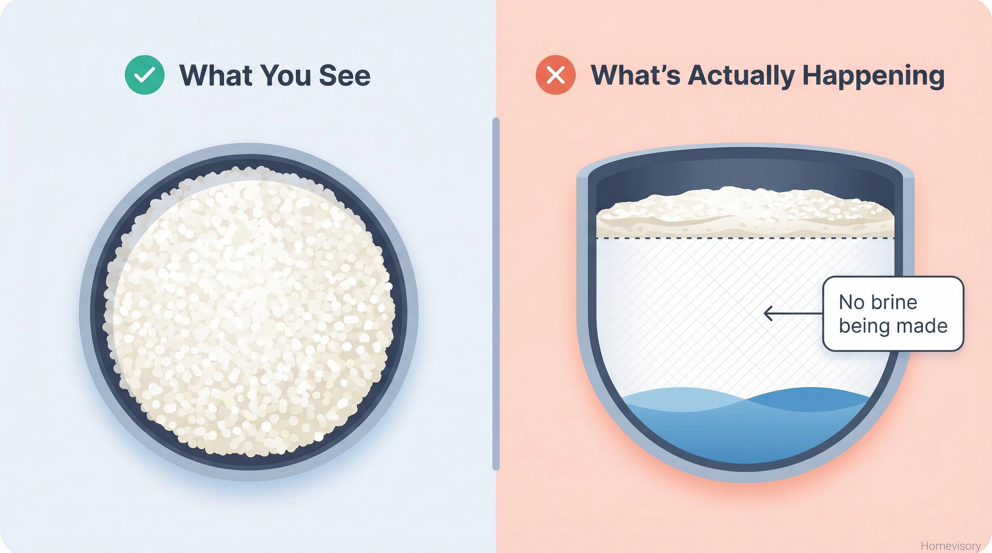 Split comparison showing a brine tank that looks full of salt from above versus cutaway view revealing a salt bridge with empty space underneath