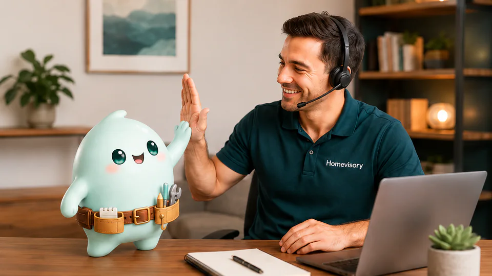 A Homevisory support advisor and the Homevisory mascot celebrating a homeowner win