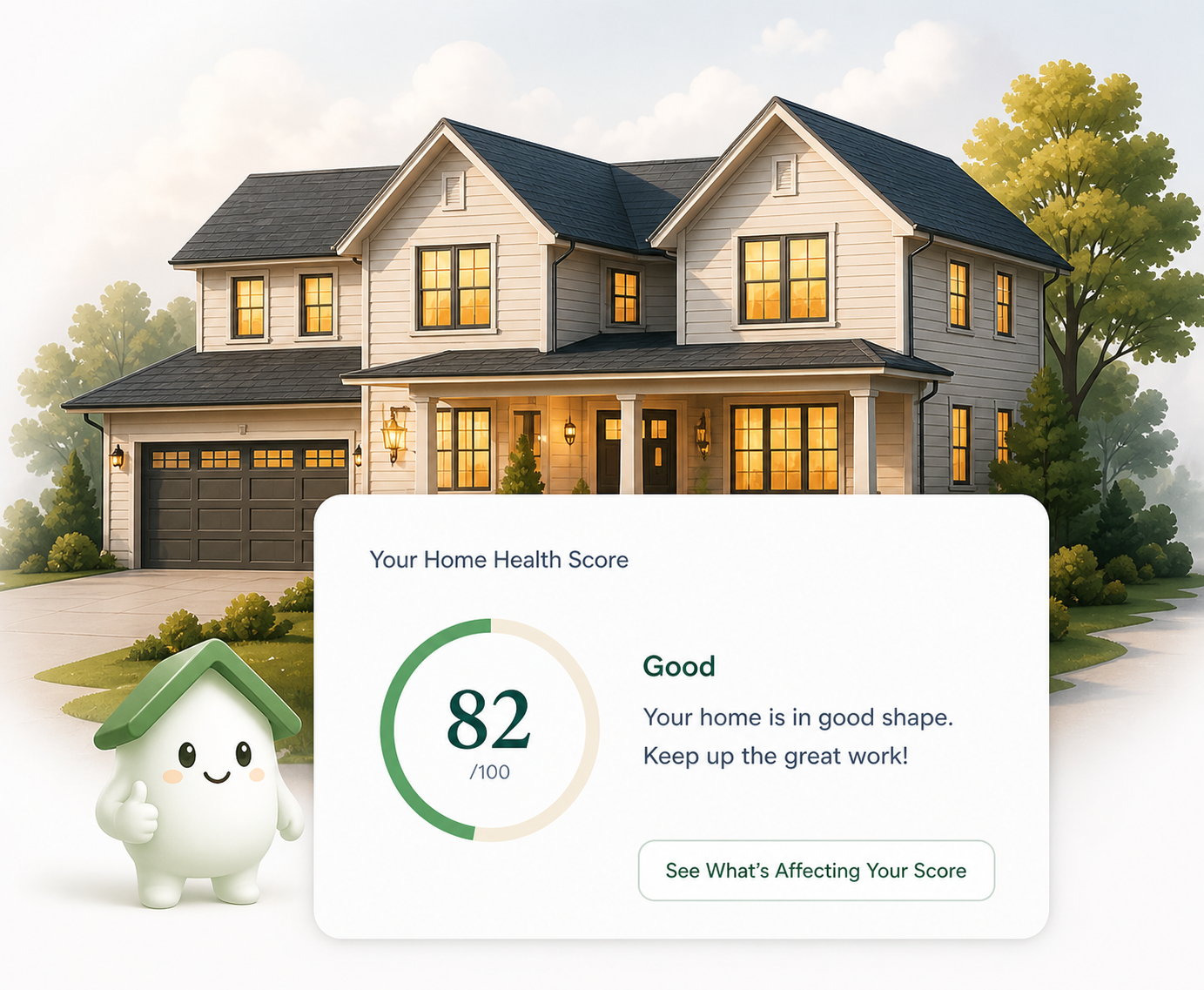 A cozy cottage with the Homevisory mascot showing a Home Health Score of 82
