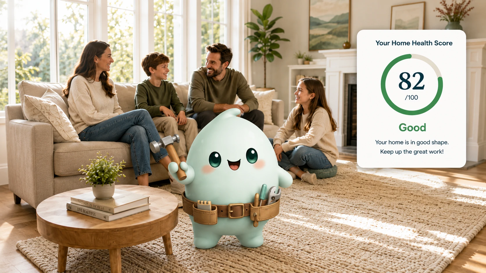 A family relaxing in their living room with the Homevisory mascot and a Home Health Score of 82